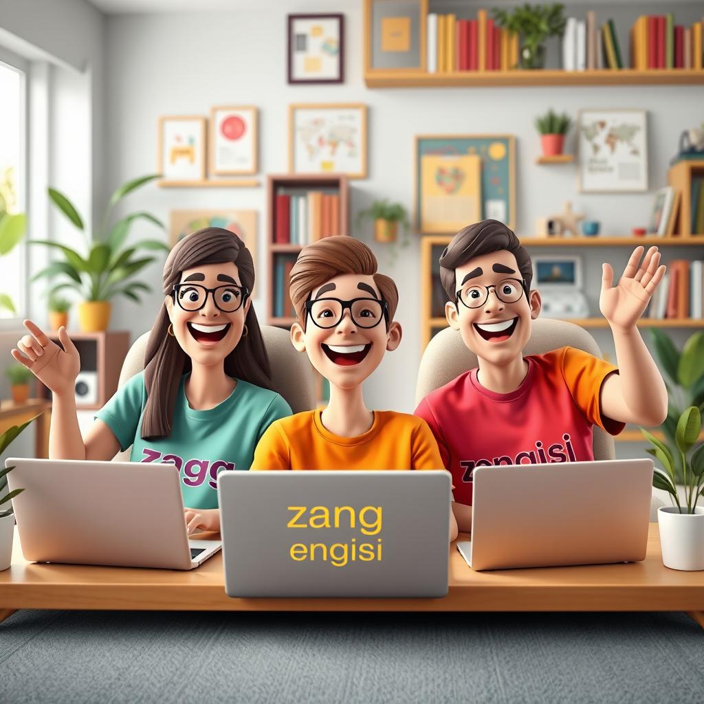 A vibrant and engaging 3D digital illustration depicting adult English teachers having a lively video call on laptops