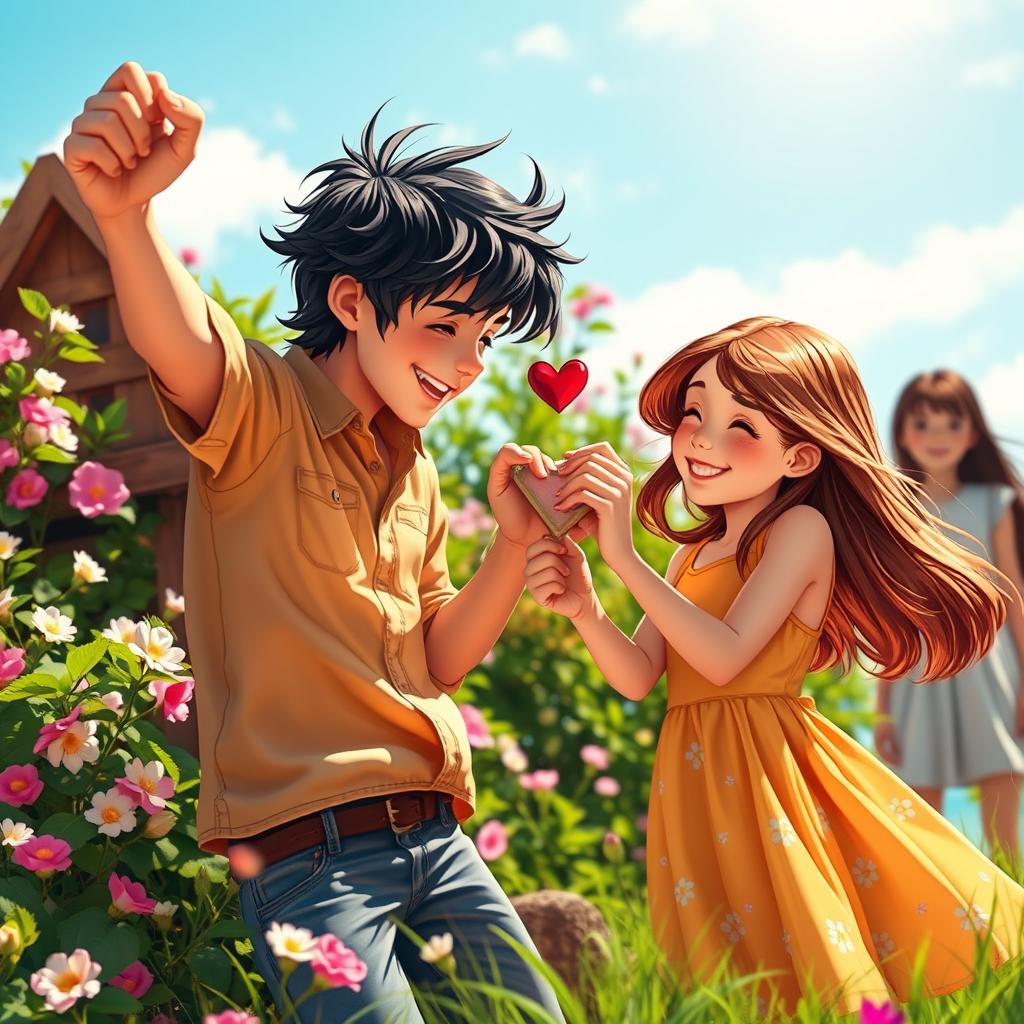 A romantic scene depicting a boy and a girl energetically building a house of love together, surrounded by lush greenery and blooming flowers under a bright blue sky