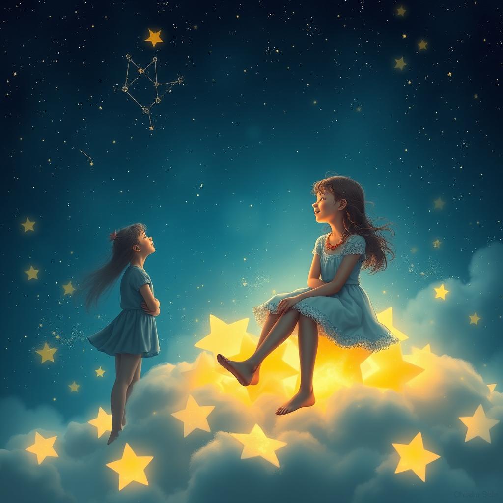A dreamy, fantastical scene featuring a boy and a girl sitting together on a cluster of glowing stars, radiating joy and happiness as they gaze into each other's eyes