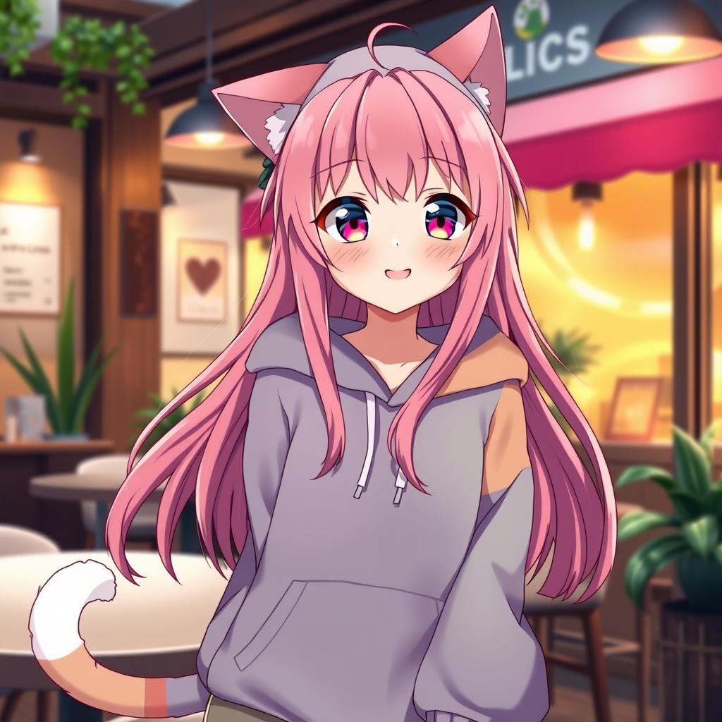 A charming anime cat girl dressed in casual attire, featuring colorful, oversized hoodie with playful cat ears and a cute tail