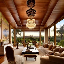 A lavish bungalow-style living room belonging to a billionaire, featuring plush tropical-themed furniture, an opulent chandelier, high-end artwork, sprawling views through a wall of glass sliders, and an inviting fireplace.