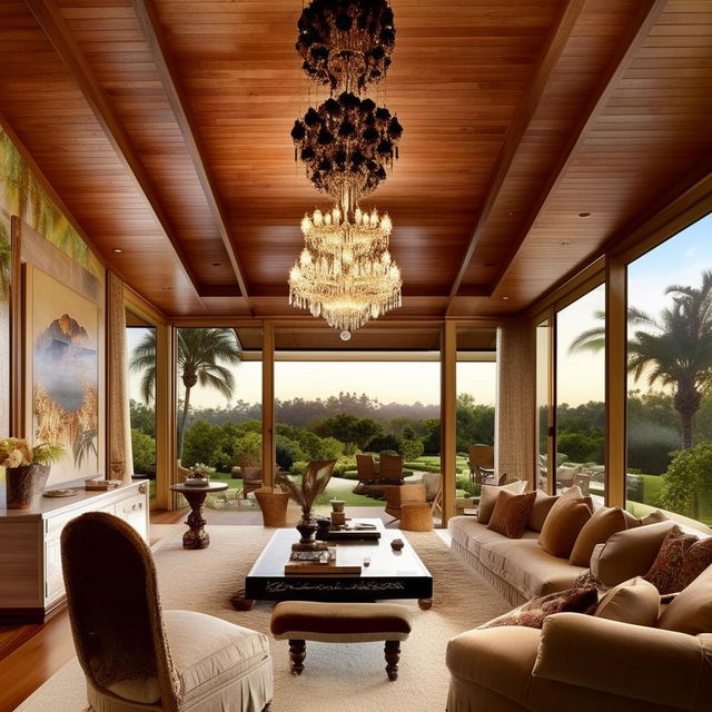 A lavish bungalow-style living room belonging to a billionaire, featuring plush tropical-themed furniture, an opulent chandelier, high-end artwork, sprawling views through a wall of glass sliders, and an inviting fireplace.