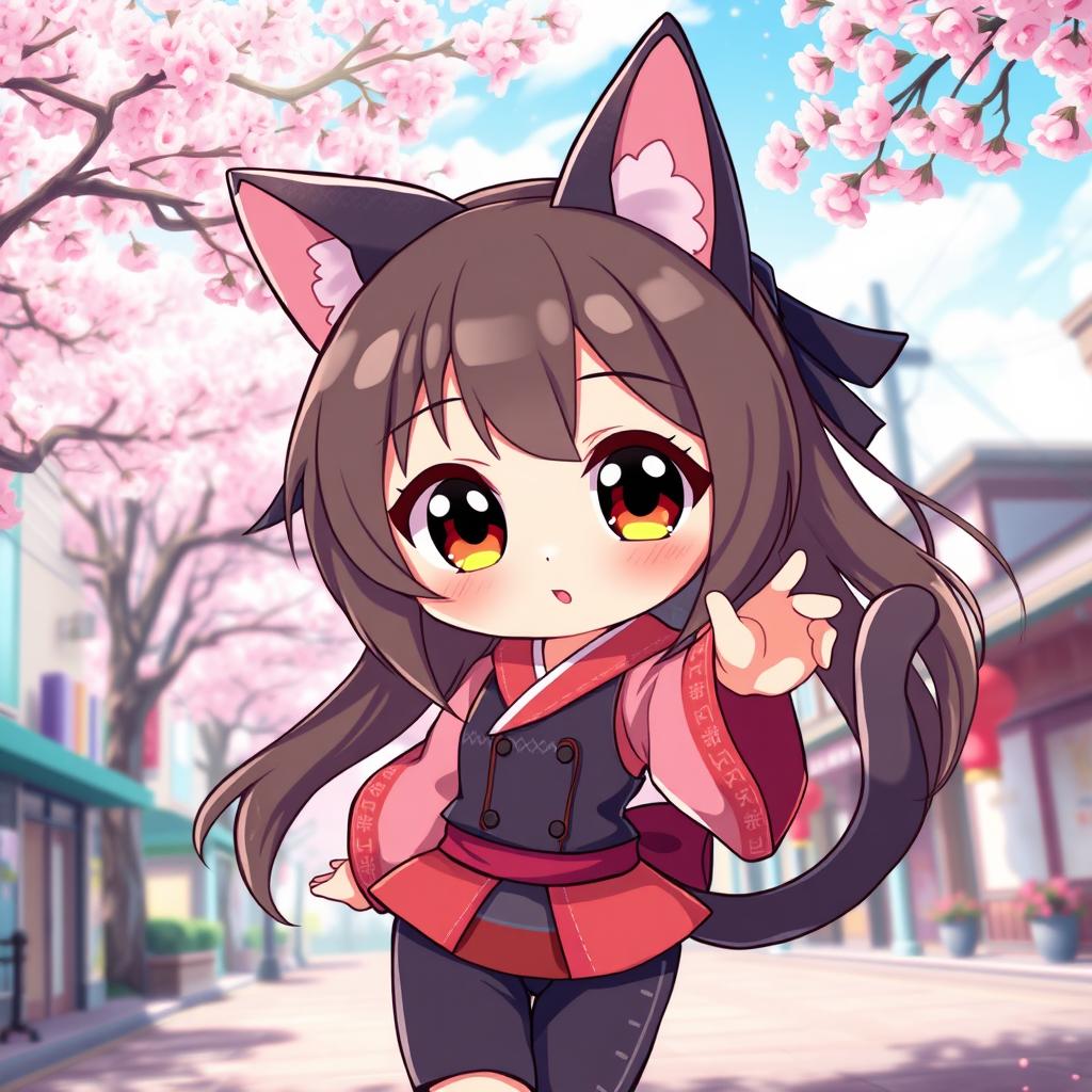 A cute anime cat girl with large expressive eyes and playful features, wearing a stylish outfit that combines traditional Japanese fashion with modern elements