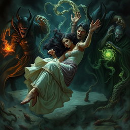 A beautiful and dignified woman named Qamar Khatoon falling to the ground, surrounded by wicked sorcerers with malicious expressions