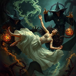 A beautiful and dignified woman named Qamar Khatoon falling to the ground, surrounded by wicked sorcerers with malicious expressions