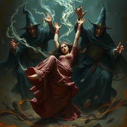 A beautiful and dignified woman named Qamar Khatoon falling to the ground, surrounded by wicked sorcerers with malicious expressions