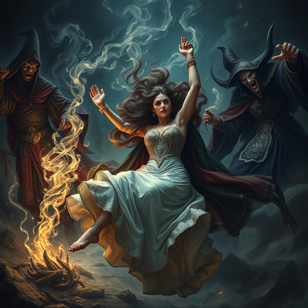 A beautiful and dignified woman named Qamar Khatoon falling to the ground, surrounded by wicked sorcerers with malicious expressions