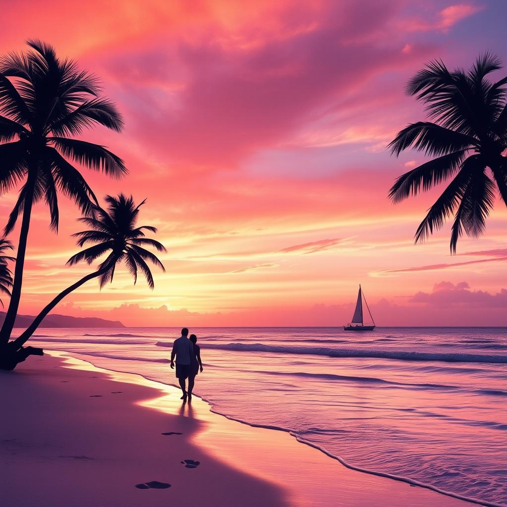 A beautiful sunset over a serene beach with soft waves lapping at the shore