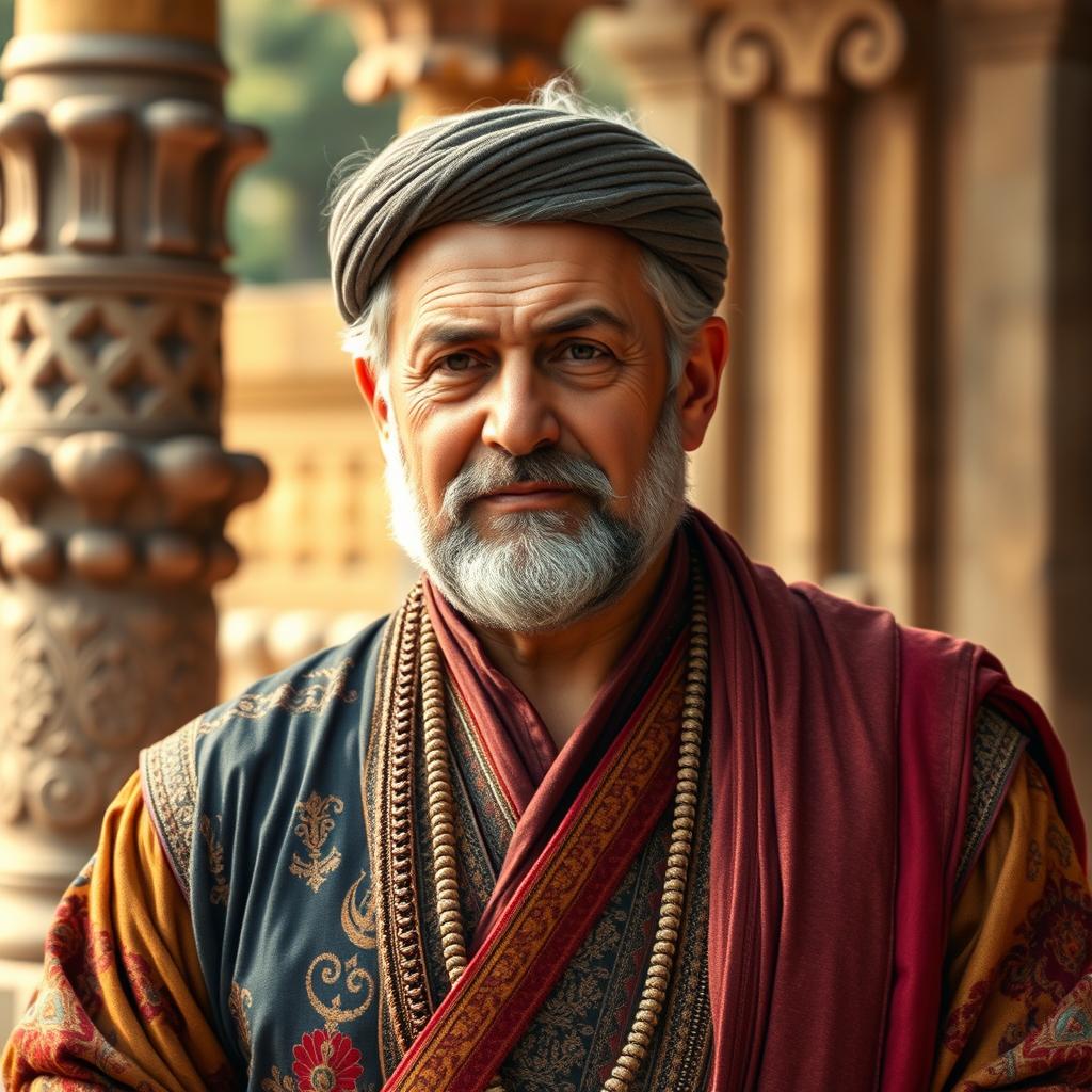 Pirooz, a middle-aged Iranian man, dressed in traditional ancient Iranian attire