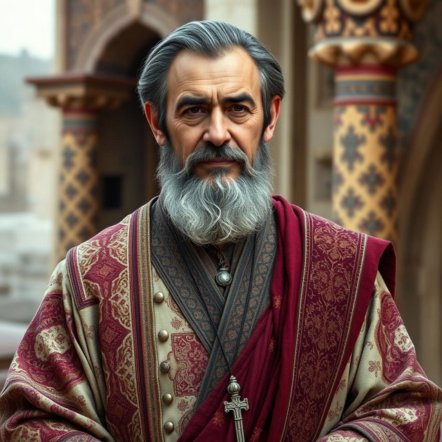 Pirooz, a middle-aged Iranian man, dressed in traditional ancient Iranian attire