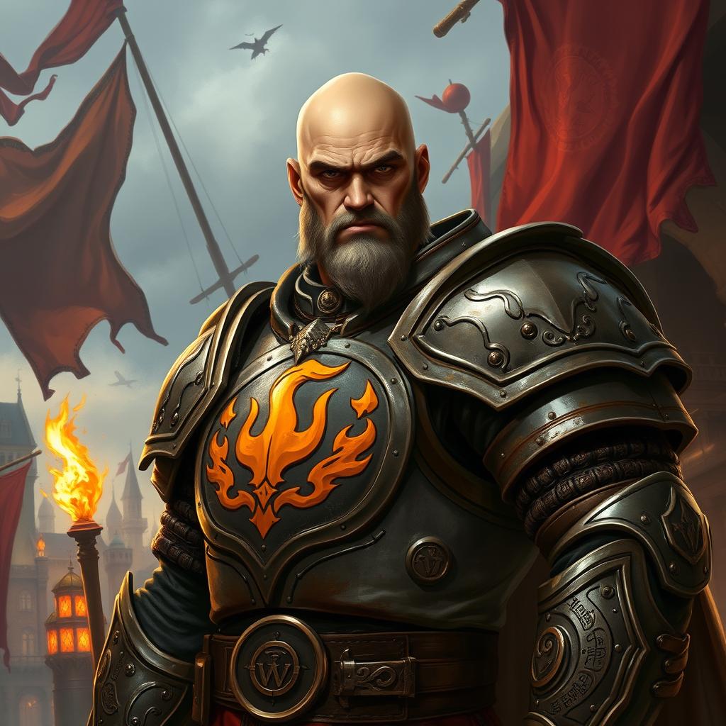 A bald captain of the Flaming Fist, a mercenary company in a fantasy Dungeons & Dragons setting