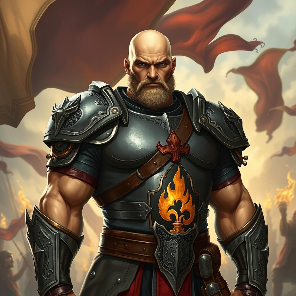 A strong bald captain of the Flaming Fist, a mercenary company in a fantasy Dungeons & Dragons setting