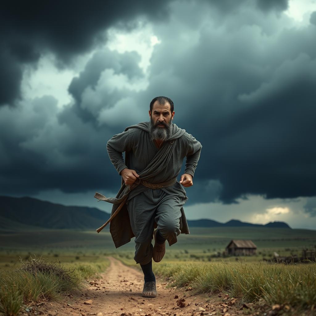 Pirooz, a middle-aged Iranian man dressed in traditional ancient Iranian attire, is running with a worried expression from the vast Hiran plain towards his home