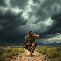 Pirooz, a middle-aged Iranian man dressed in traditional ancient Iranian attire, is running with a worried expression from the vast Hiran plain towards his home