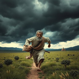 Pirooz, a middle-aged Iranian man dressed in traditional ancient Iranian attire, is running with a worried expression from the vast Hiran plain towards his home