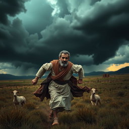 Pirooz, a middle-aged Iranian man dressed in traditional ancient Iranian attire, is running with a worried expression from the vast Hiran plain towards his home