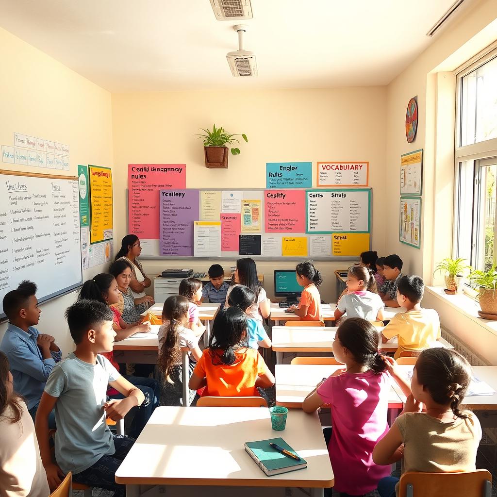 A bright and inviting classroom filled with diverse students of various ages, including children and adults, engaged in a lively English lesson