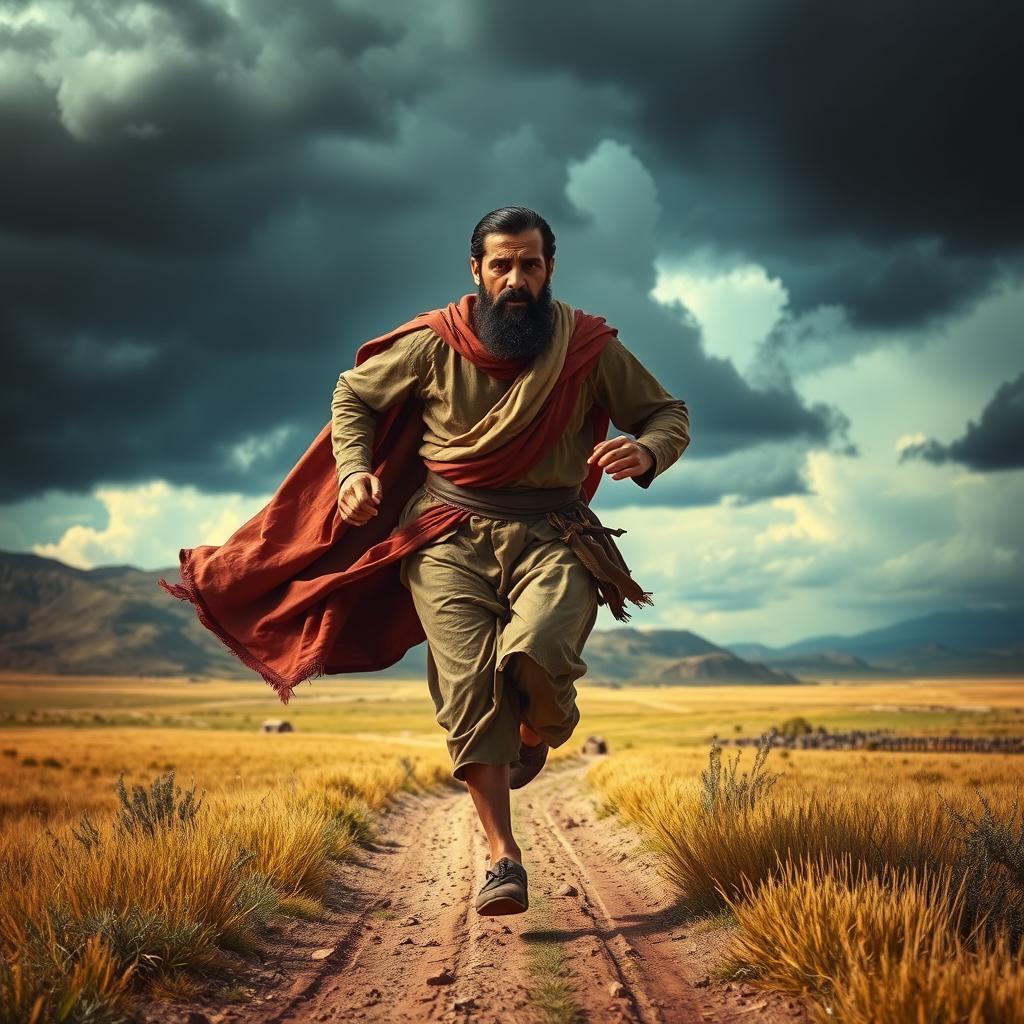 A man representing an ancient Iranian figure in traditional attire, conveys a worried expression as he runs through the stunning landscape of the Hirkan plains towards his home