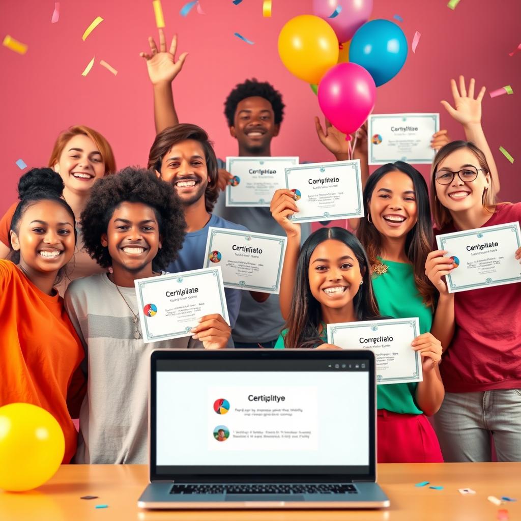 A vibrant and uplifting scene featuring diverse students celebrating their achievements in an online English class