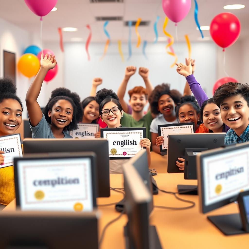 A vibrant and uplifting 3D scene of diverse students celebrating their achievements in an online English class