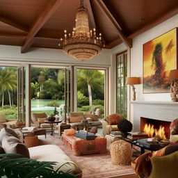 A lavish bungalow-style living room belonging to a billionaire, featuring plush tropical-themed furniture, an opulent chandelier, high-end artwork, sprawling views through a wall of glass sliders, and an inviting fireplace.