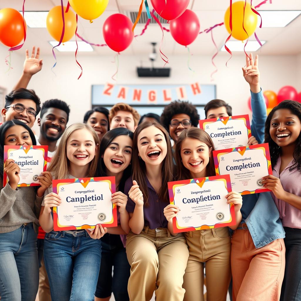 A vibrant 3D scene depicting a group of diverse and happy students celebrating their achievements in an online English class