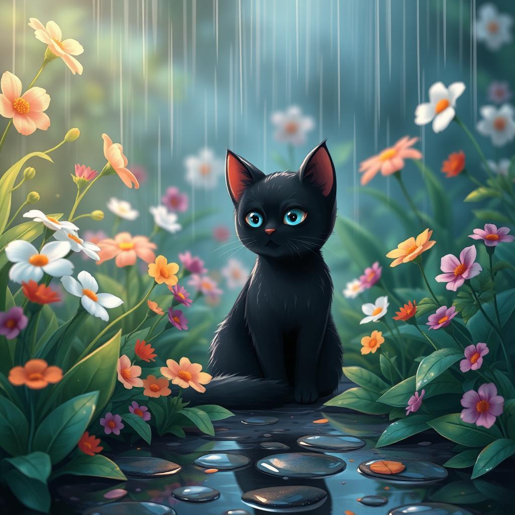 A whimsical Ghibli-inspired wallpaper featuring a cute black cat sitting among vibrant flowers and lush green plants on a rainy spring day