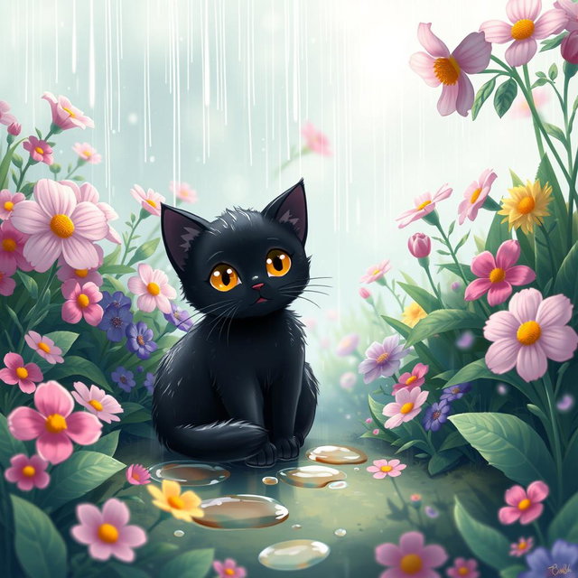 A whimsical Ghibli-inspired wallpaper featuring a cute black cat sitting among vibrant flowers and lush green plants on a rainy spring day