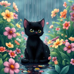 A whimsical Ghibli-inspired wallpaper featuring a cute black cat sitting among vibrant flowers and lush green plants on a rainy spring day