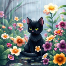 A whimsical Ghibli-inspired wallpaper featuring a cute black cat sitting among vibrant flowers and lush green plants on a rainy spring day