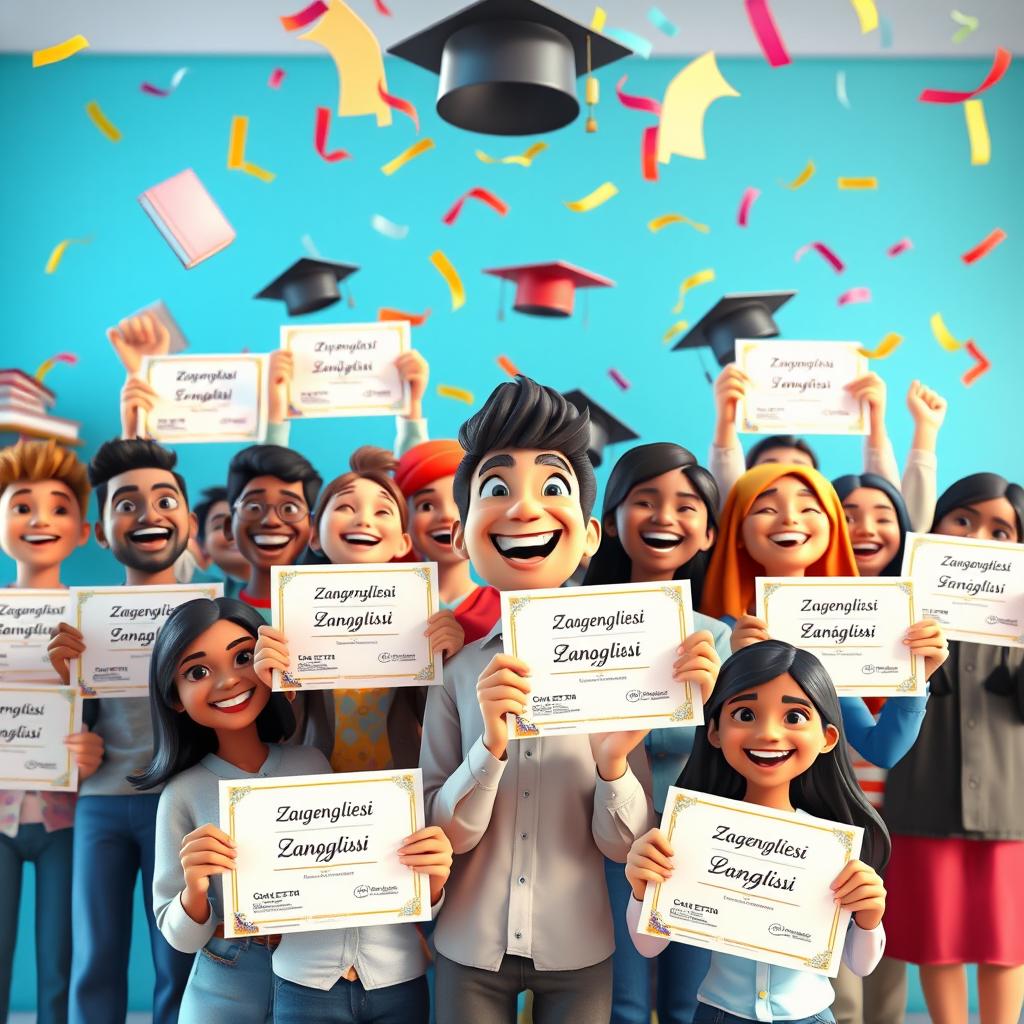 A vibrant 3D animated scene depicting a diverse group of students joyfully celebrating their achievements in an online English class