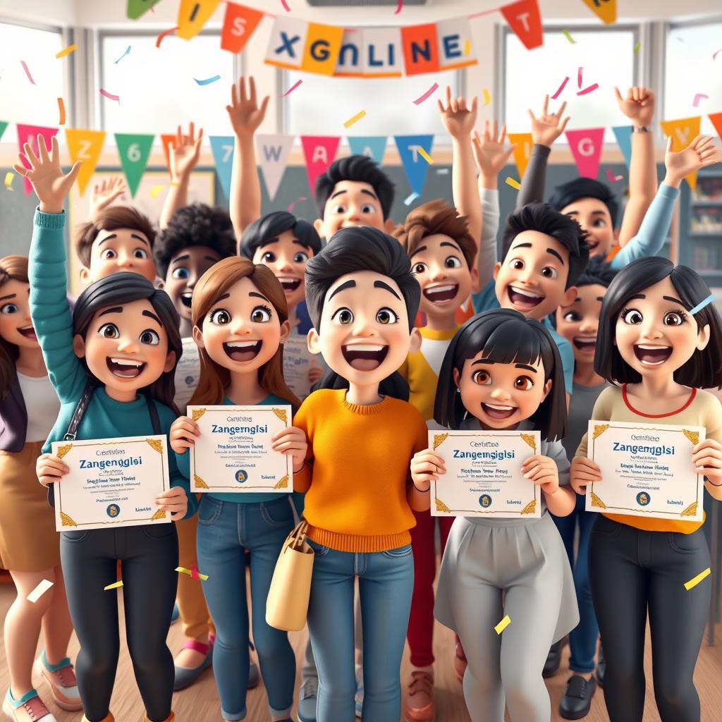 A vibrant 3D animation scene depicting a group of diverse students energetically celebrating their achievements in an online English class