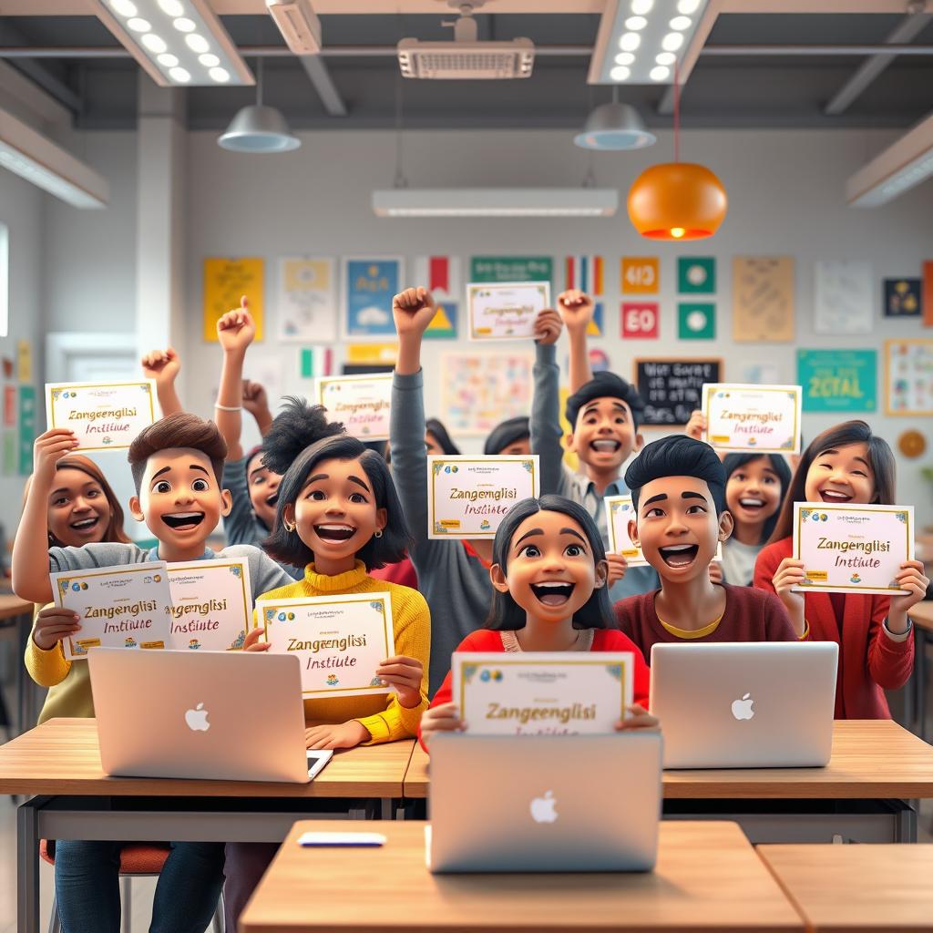 A vibrant, uplifting 3D animation scene depicting adult students joyfully celebrating their achievements