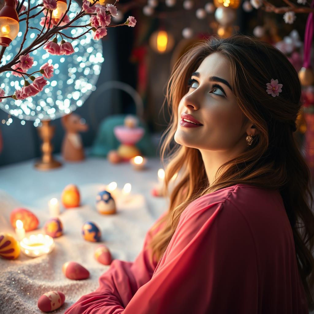 Shara, a beautiful woman with a magical face, is gazing at Nowruz and new flowers