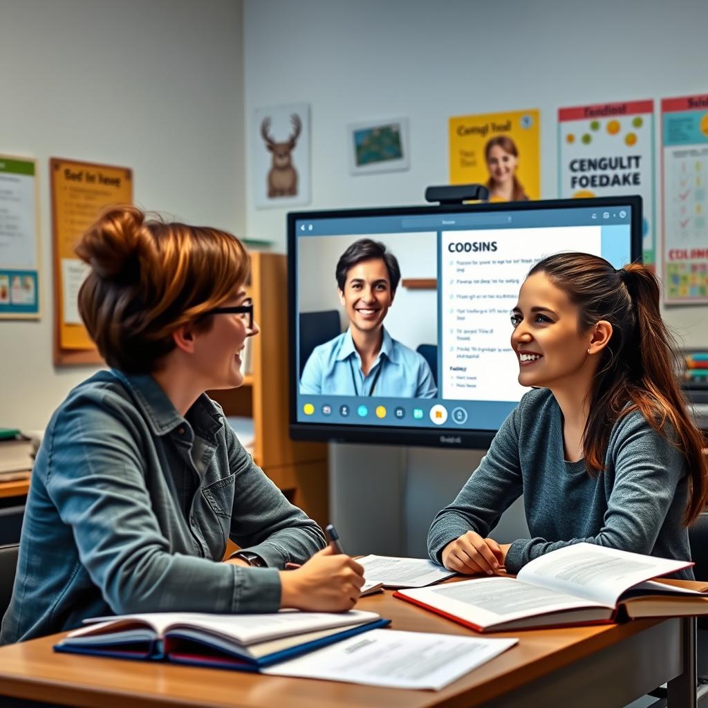 A virtual classroom scene depicting a teacher providing constructive feedback to a student via video call