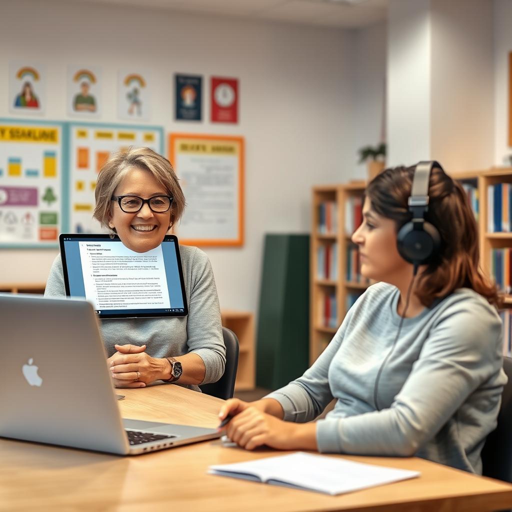 A virtual classroom scene where a teacher is providing constructive feedback to a student after an assignment