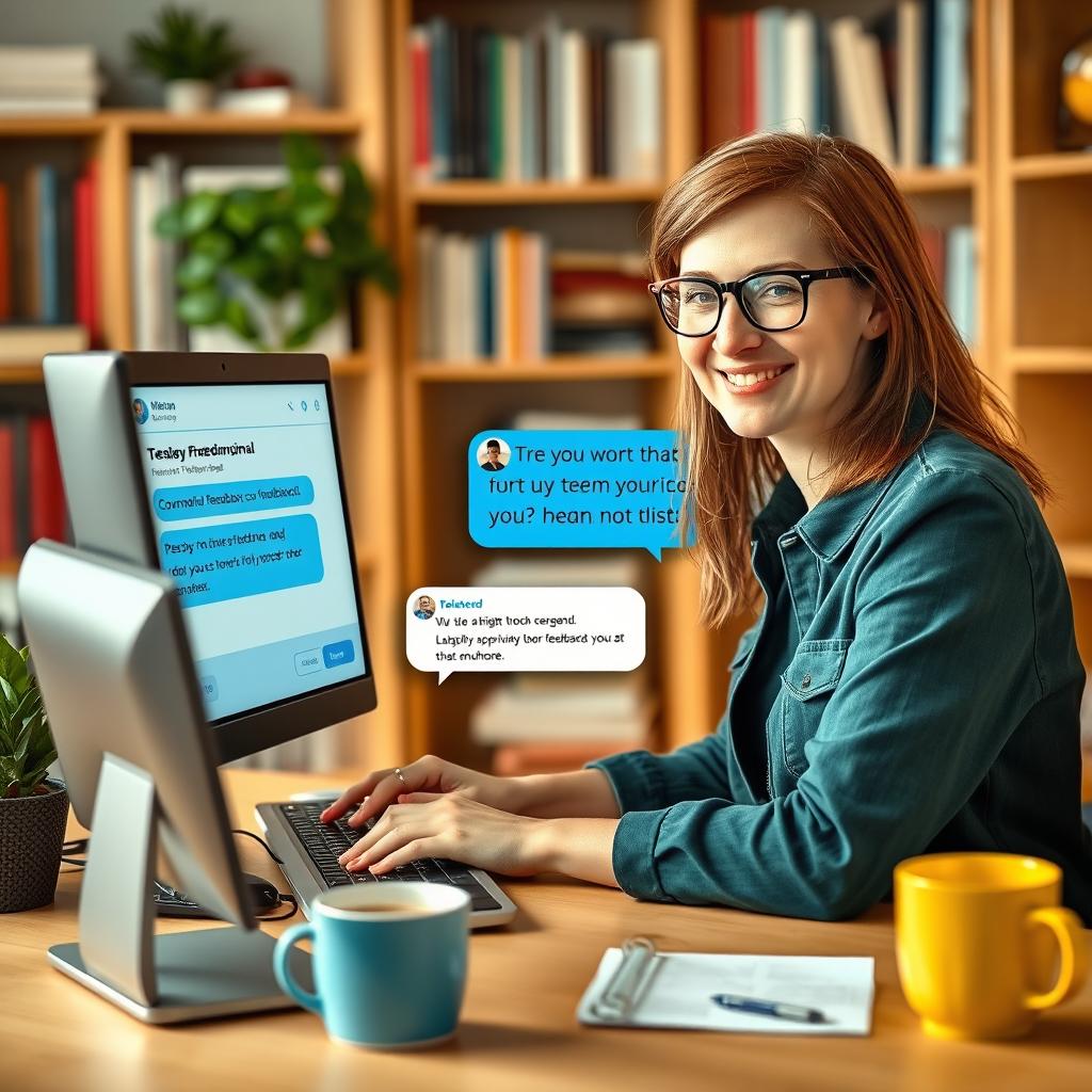 A virtual feedback session on Telegram, featuring a friendly teacher with glasses, providing constructive feedback on a student's assignment