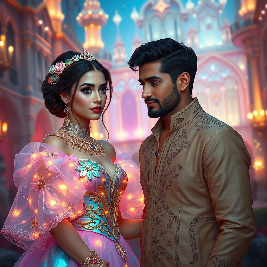 A captivating scene featuring a beautifully dressed woman named Sharareh standing beside a loving couple
