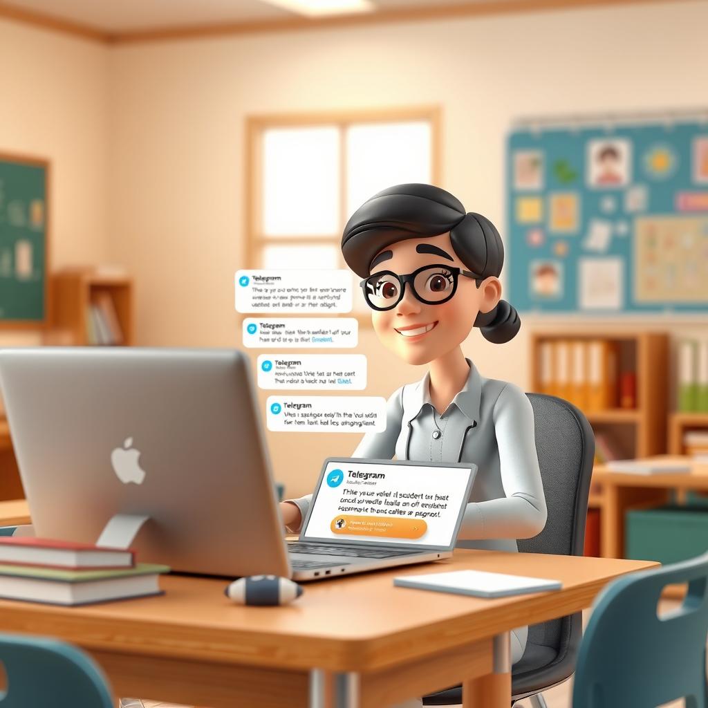 A 3D animated scene depicting a virtual teacher sitting at a modern desk, providing constructive feedback to a student after an assignment