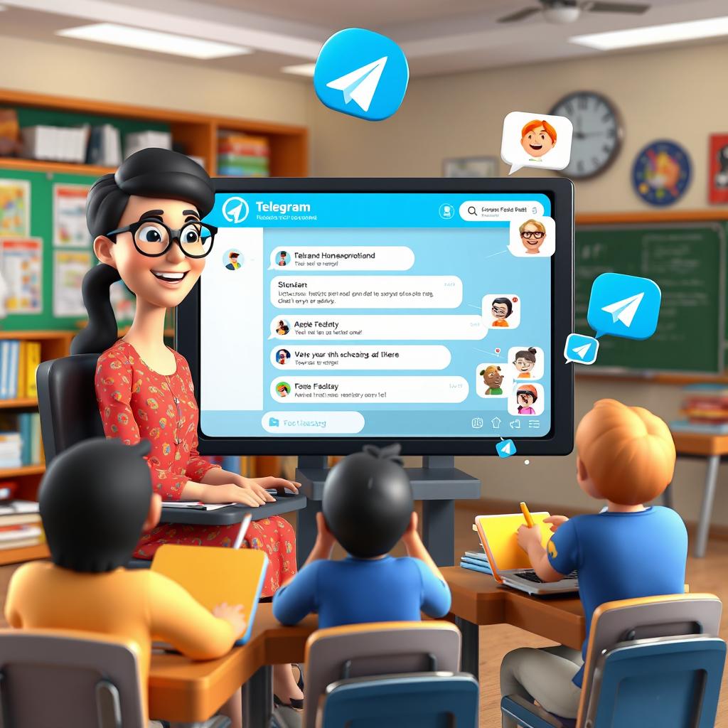 A vibrant and dynamic 3D animation scene depicting a teacher engaging with students through a virtual feedback session on Telegram