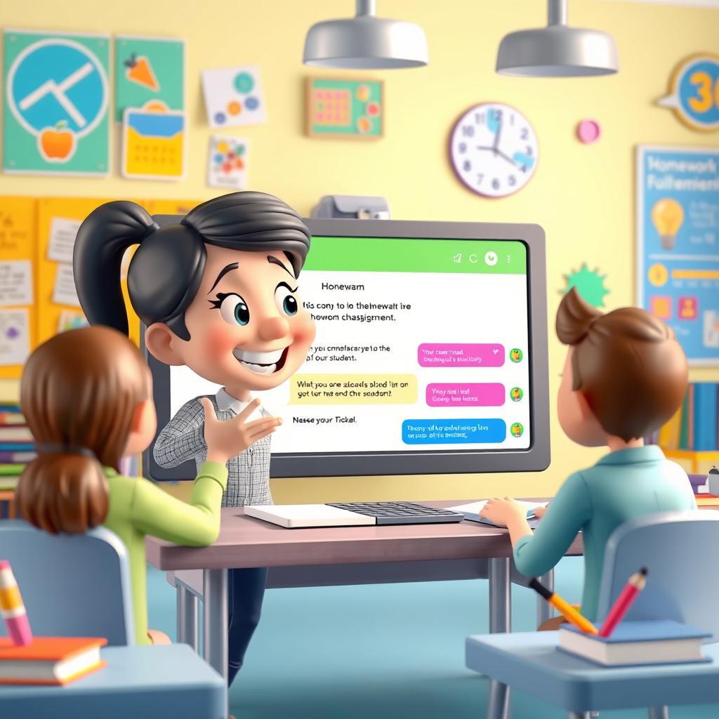 A vibrant 3D animated scene depicting a virtual classroom setting on a messaging platform like Telegram, featuring a friendly teacher with expressive facial features providing constructive feedback to students