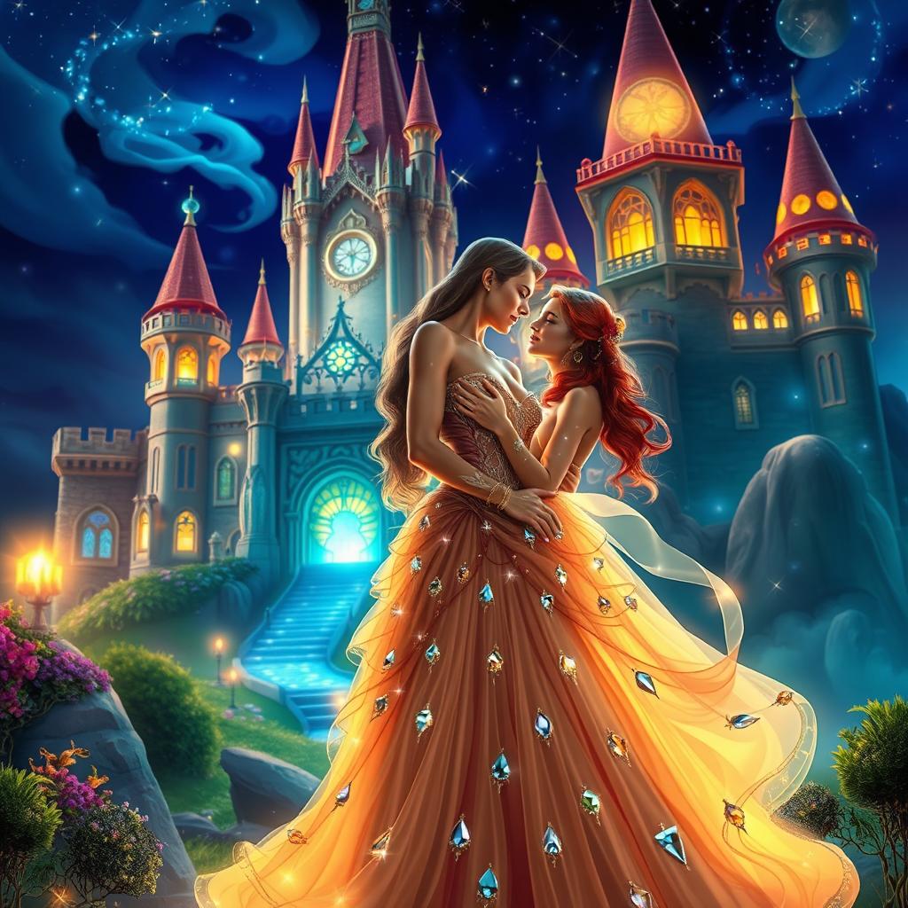 A beautiful and enchanting sorceress wearing an exquisite and magical dress is standing beside a loving couple, a man and a woman