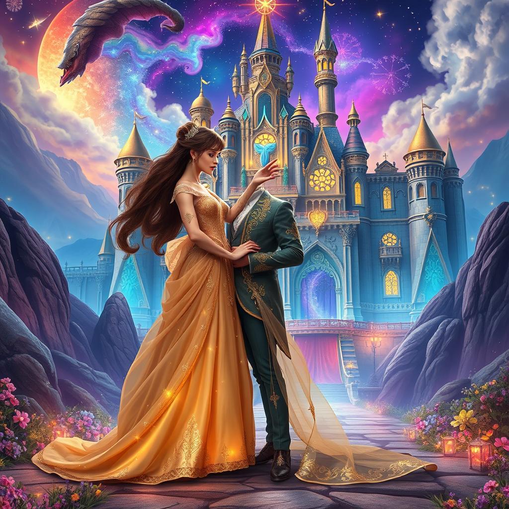 A gorgeous and magical sorceress is standing next to a loving couple, a woman and a man, dressed in an exquisite and enchanting outfit
