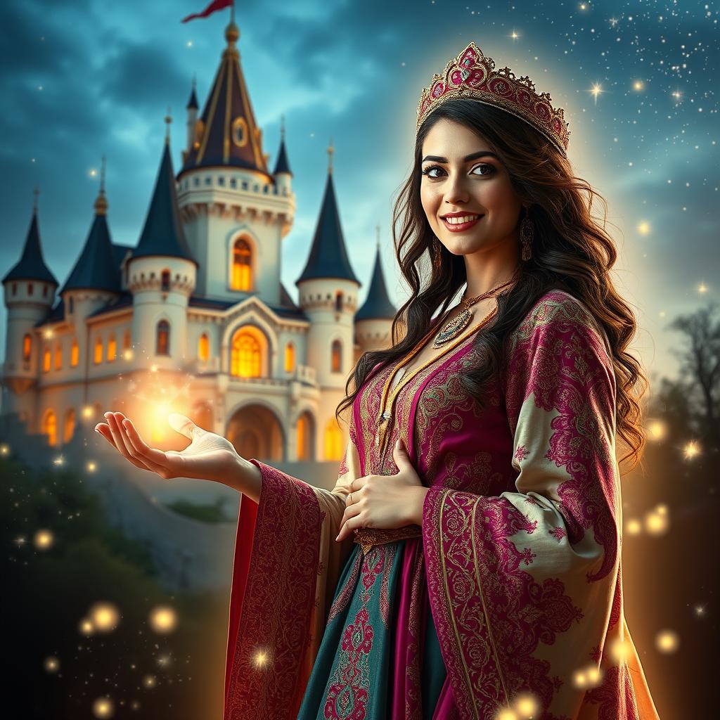 A beautiful Iranian sorceress wearing an exquisite and magical traditional Persian dress is inviting you to her enchanting castle