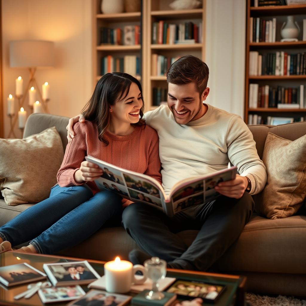 A couple sitting together on a cozy couch, looking through their photo album filled with memories
