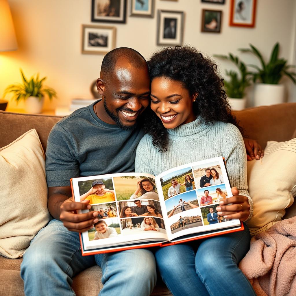 A loving couple sitting together on a cozy couch, smiling and reminiscing as they flip through a beautifully arranged photo album filled with colorful pictures