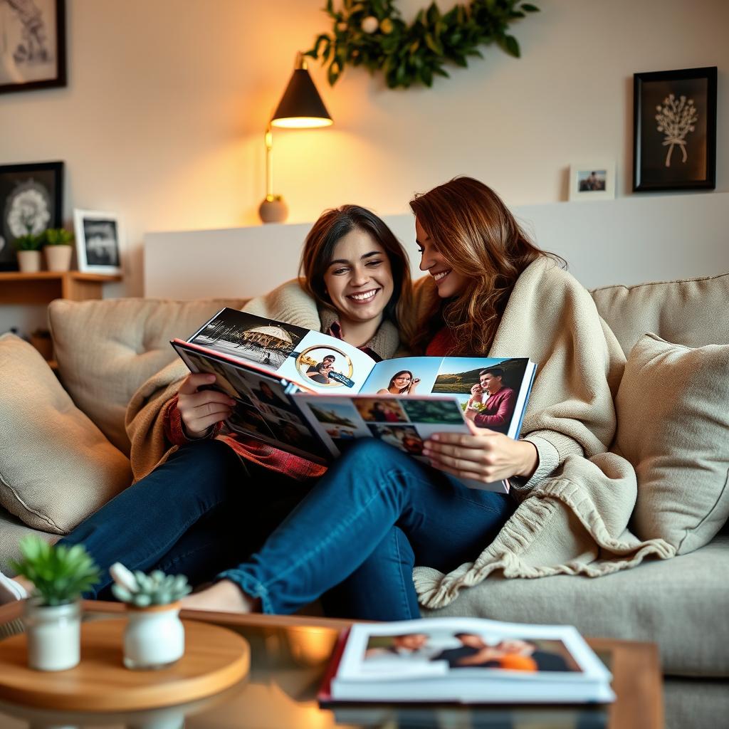 A romantic couple sitting together on a comfortable sofa, joyfully reminiscing as they flip through a beautifully crafted photo album filled with vibrant memories