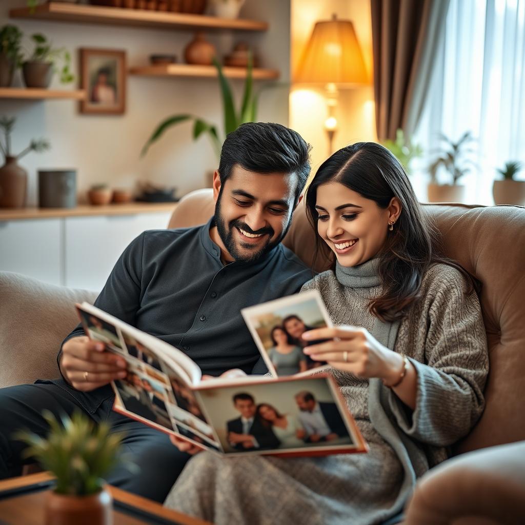 An Iranian couple reminiscing while flipping through their photo album, surrounded by soft warm light illuminating their faces, showcasing a cozy and intimate atmosphere