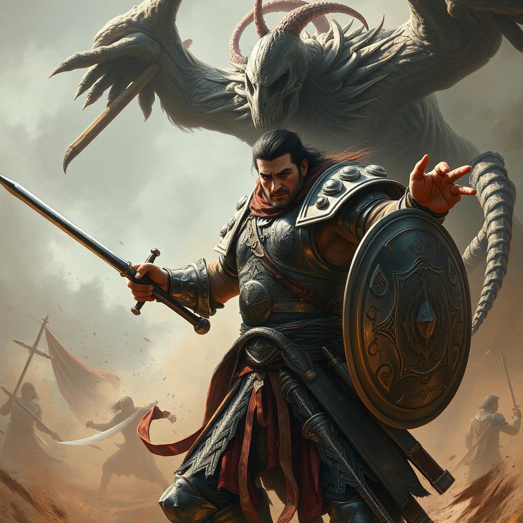 A heroic warrior named Pirouz dressed in traditional battle armor is fiercely engaged in combat with the personification of death