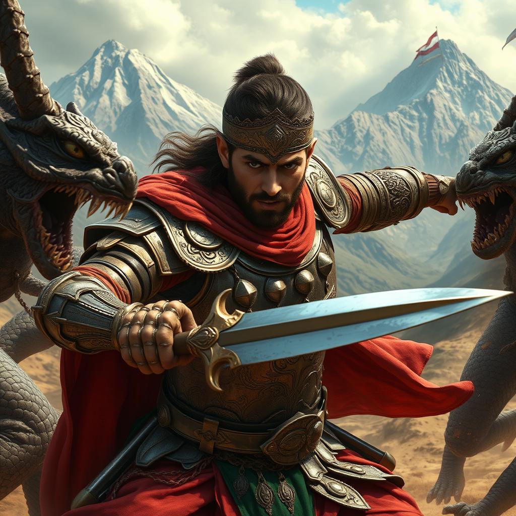 A 25-year-old Iranian warrior from ancient Persia is courageously battling demons in an epic scene